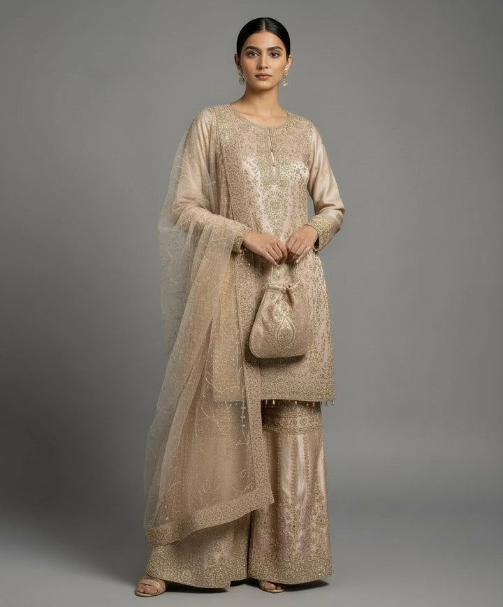 179D - ROSE GOLD EMBROIDERED & EMBELLISHED NET SUIT