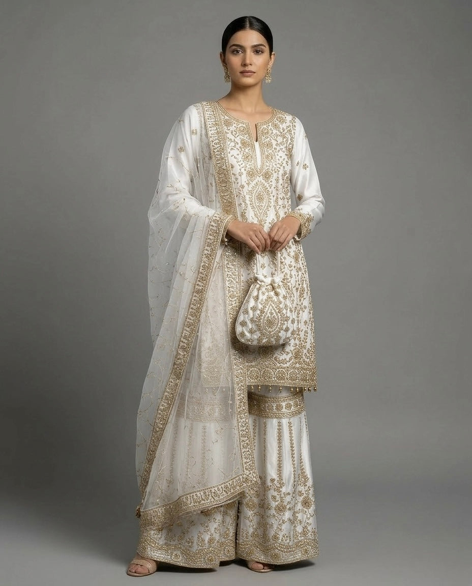 179E - CREAM EMBROIDERED & EMBELLISHED NET SUIT
