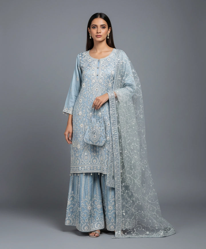 179G - DUSTY BLUE EMBROIDERED & EMBELLISHED NET SUIT
