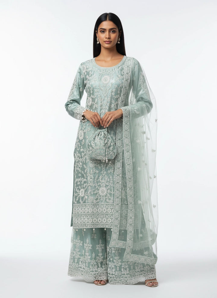 180A - SAGE GREEN EMBROIDERED & EMBELLISHED NET SUIT