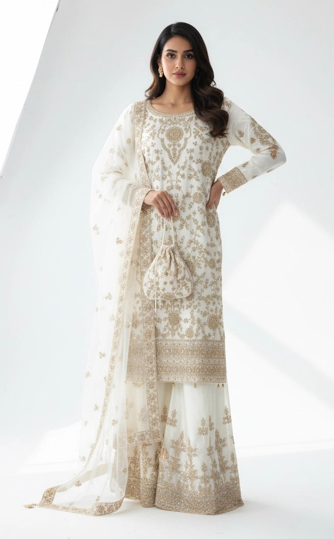 180C - CREAM EMBROIDERED & EMBELLISHED NET SUIT