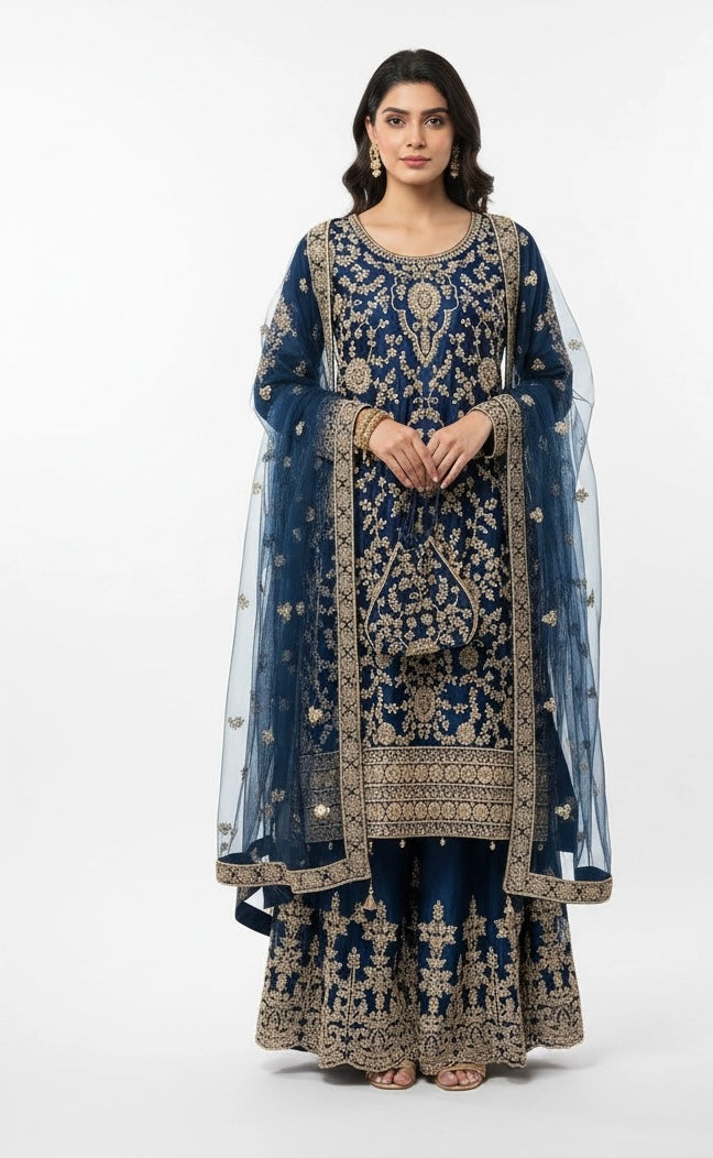 180D - BLUE EMBROIDERED & EMBELLISHED NET SUIT