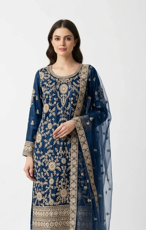 180D - BLUE EMBROIDERED & EMBELLISHED NET SUIT