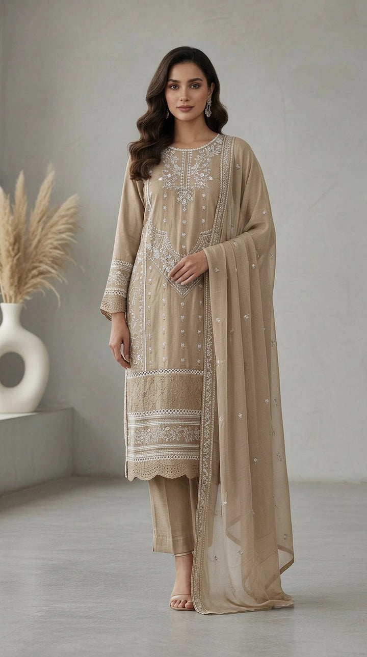 1175B - Dark Beige Embroidered Linen 3 Piece suit