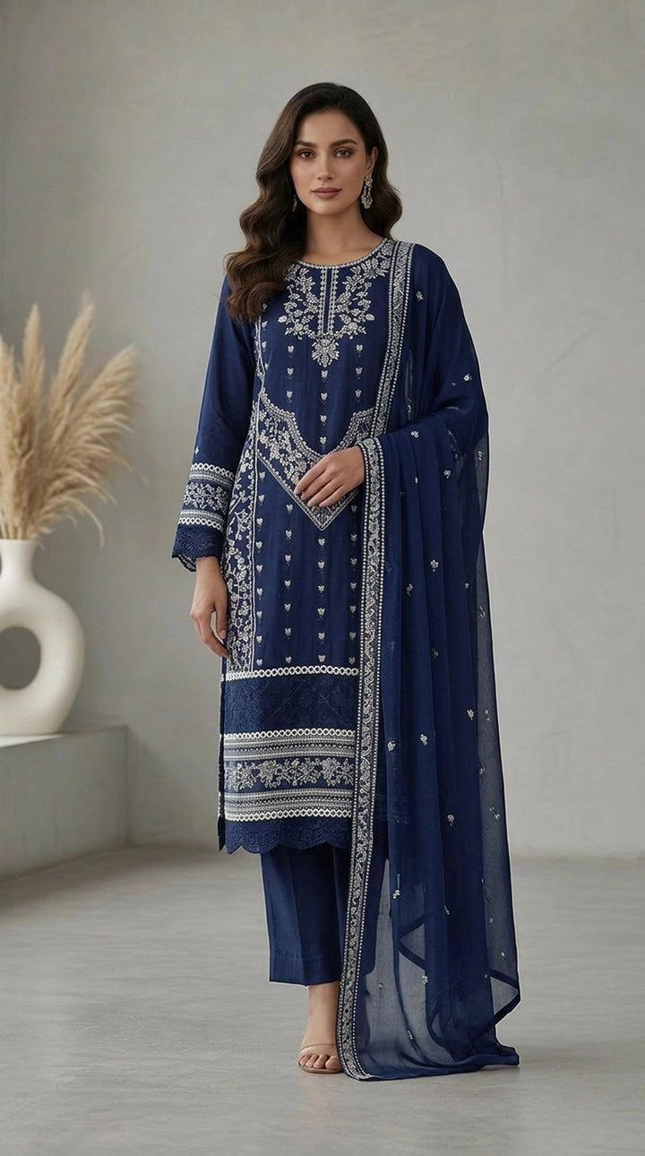 1175A - Blue Embroidered Linen 3 Piece suit