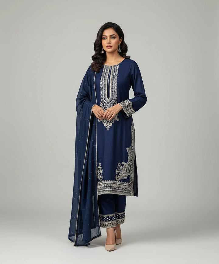 1176A - BLUE LINEN EMBROIDERED 3 PIECE SUIT