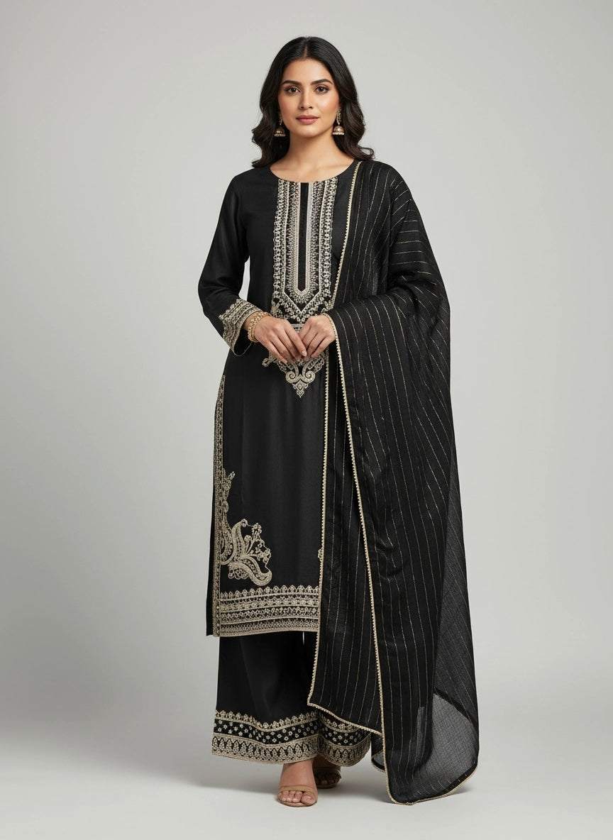 1176B - BLACK LINEN EMBROIDERED 3 PIECE SUIT