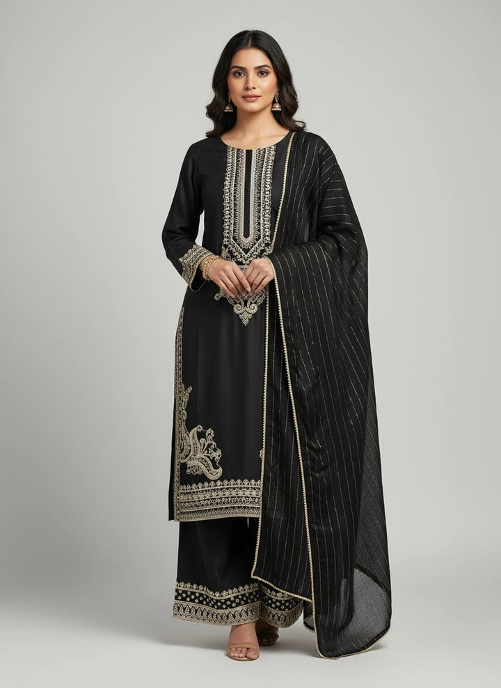 1176B - BLACK LINEN EMBROIDERED 3 PIECE SUIT