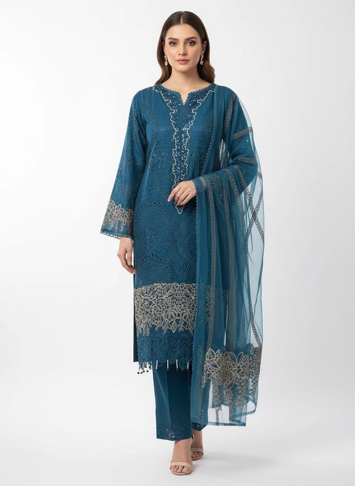 1173A - Turquoise Blue Embroidered Linen 3 Piece suit