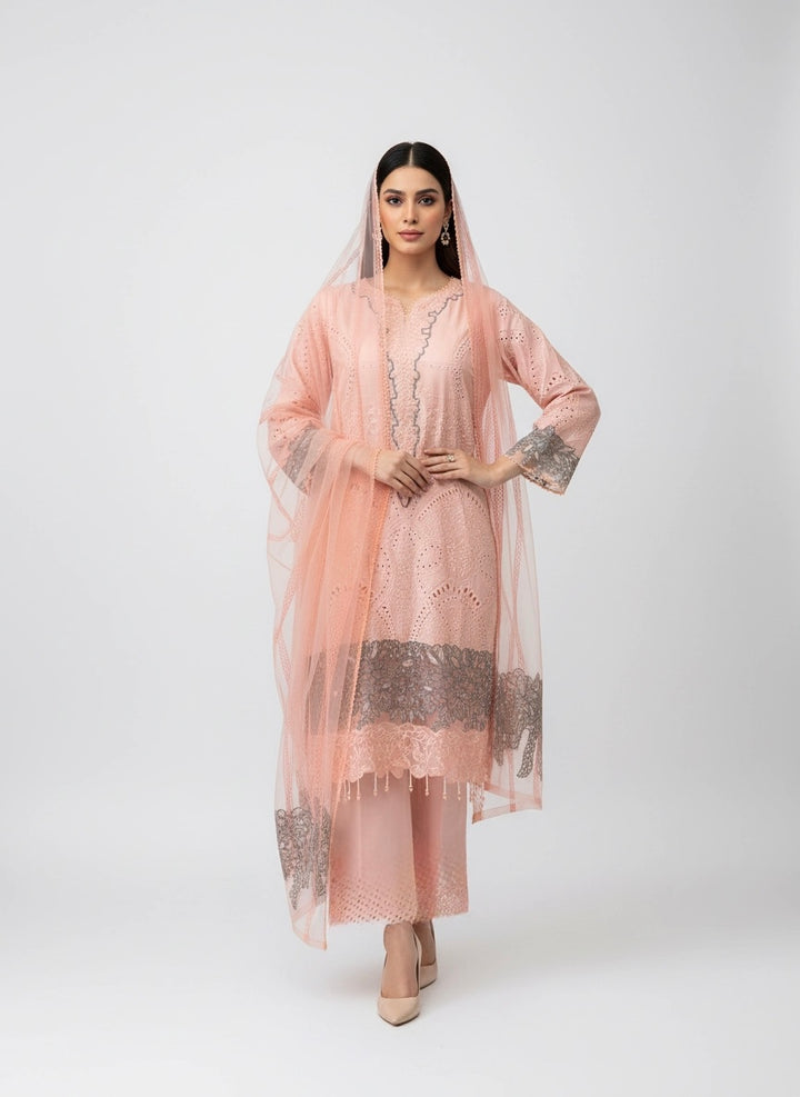 1173K - Peach Embroidered Linen 3 Piece suit