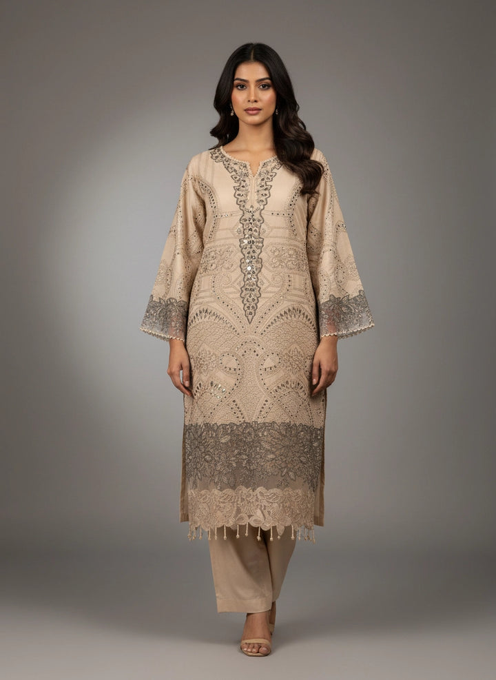 1173D - Beige Embroidered Linen 3 Piece suit