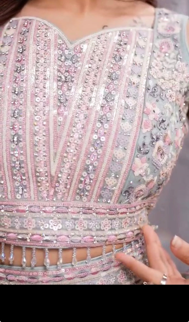 1225B - GIRLS LIGHT BLUE EMBROIDERED & EMBELLISHED LENGHA CHOLI