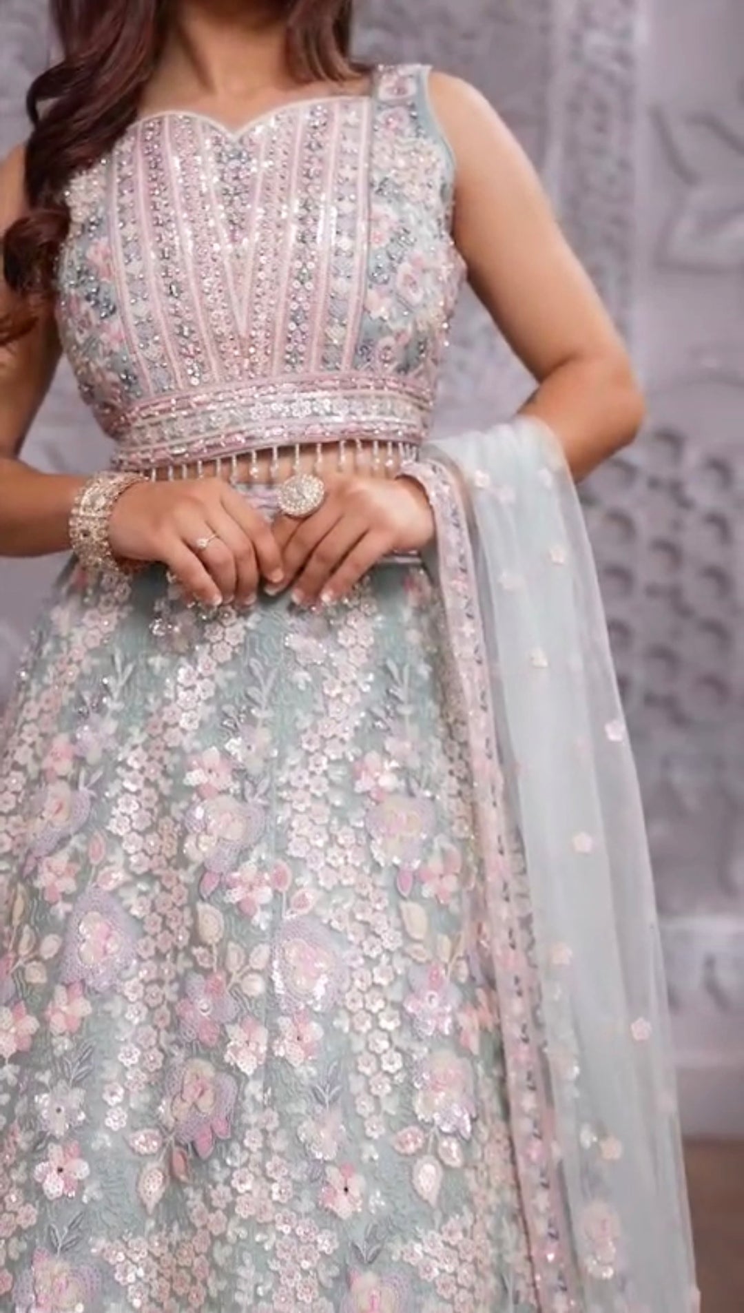 1225B - GIRLS LIGHT BLUE EMBROIDERED & EMBELLISHED LENGHA CHOLI