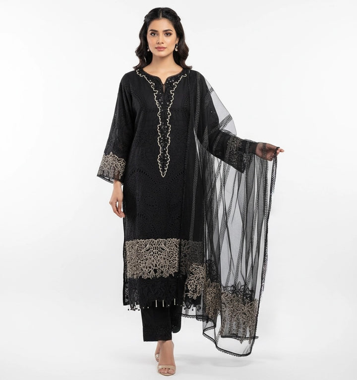 1173C - Black Embroidered Linen 3 Piece suit