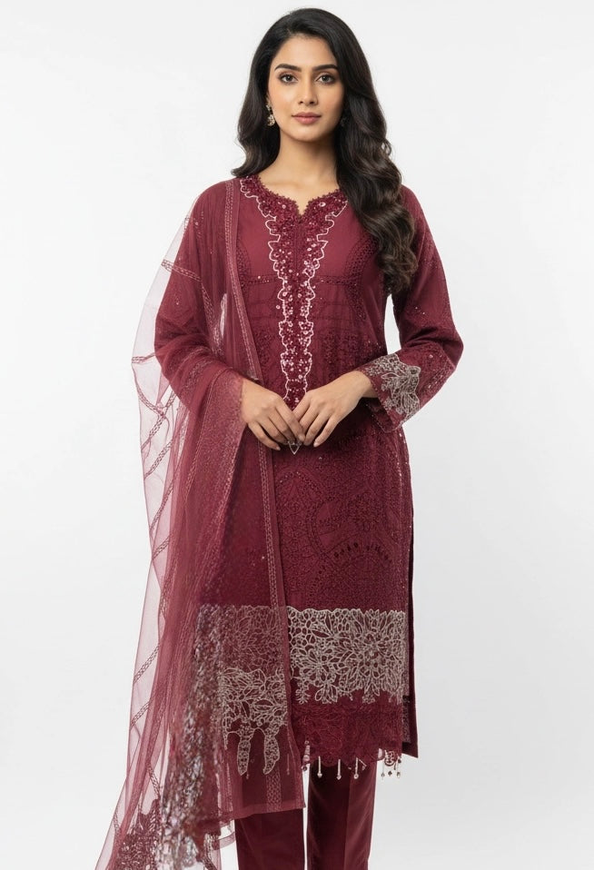 1173N - Red Embroidered Linen 3 Piece suit