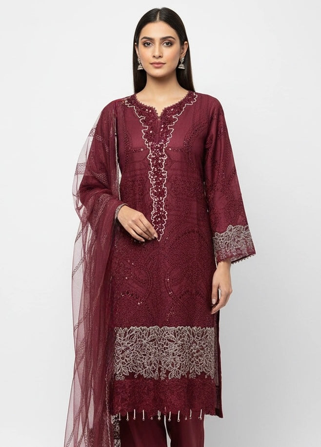 1173N - Red Embroidered Linen 3 Piece suit