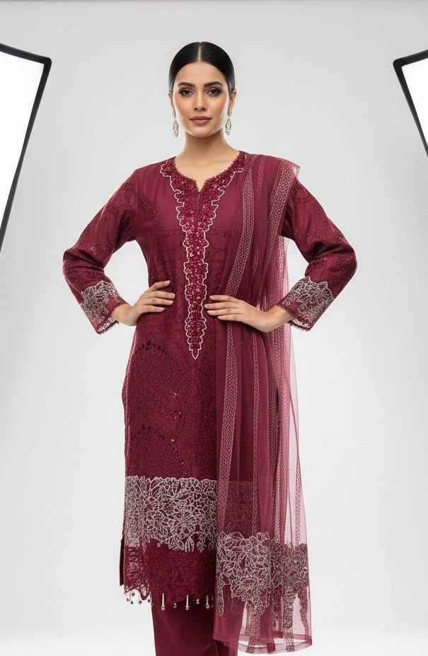 1173N - Red Embroidered Linen 3 Piece suit