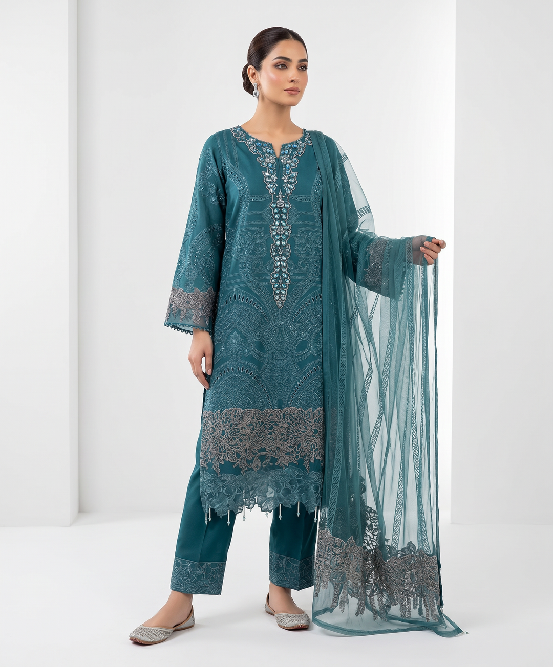 1173P - Light Teal Embroidered Linen 3 Piece suit