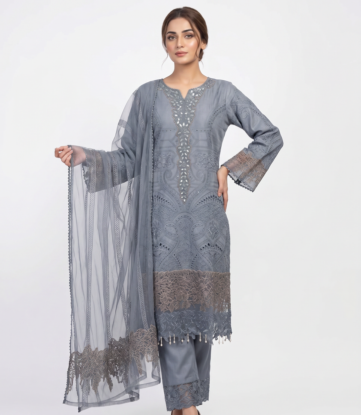 1173M - Grey Embroidered Linen 3 Piece suit
