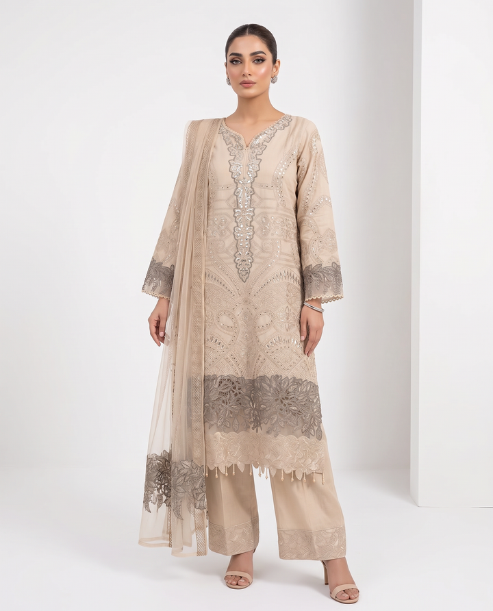 1173D - Beige Embroidered Linen 3 Piece suit