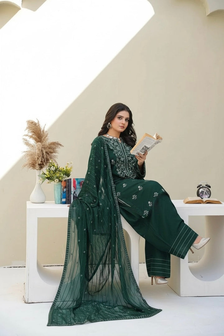 1164B- DARK GREEN LINEN EMBROIDERED 3 PIECE SUIT FARSHI SHALWAR