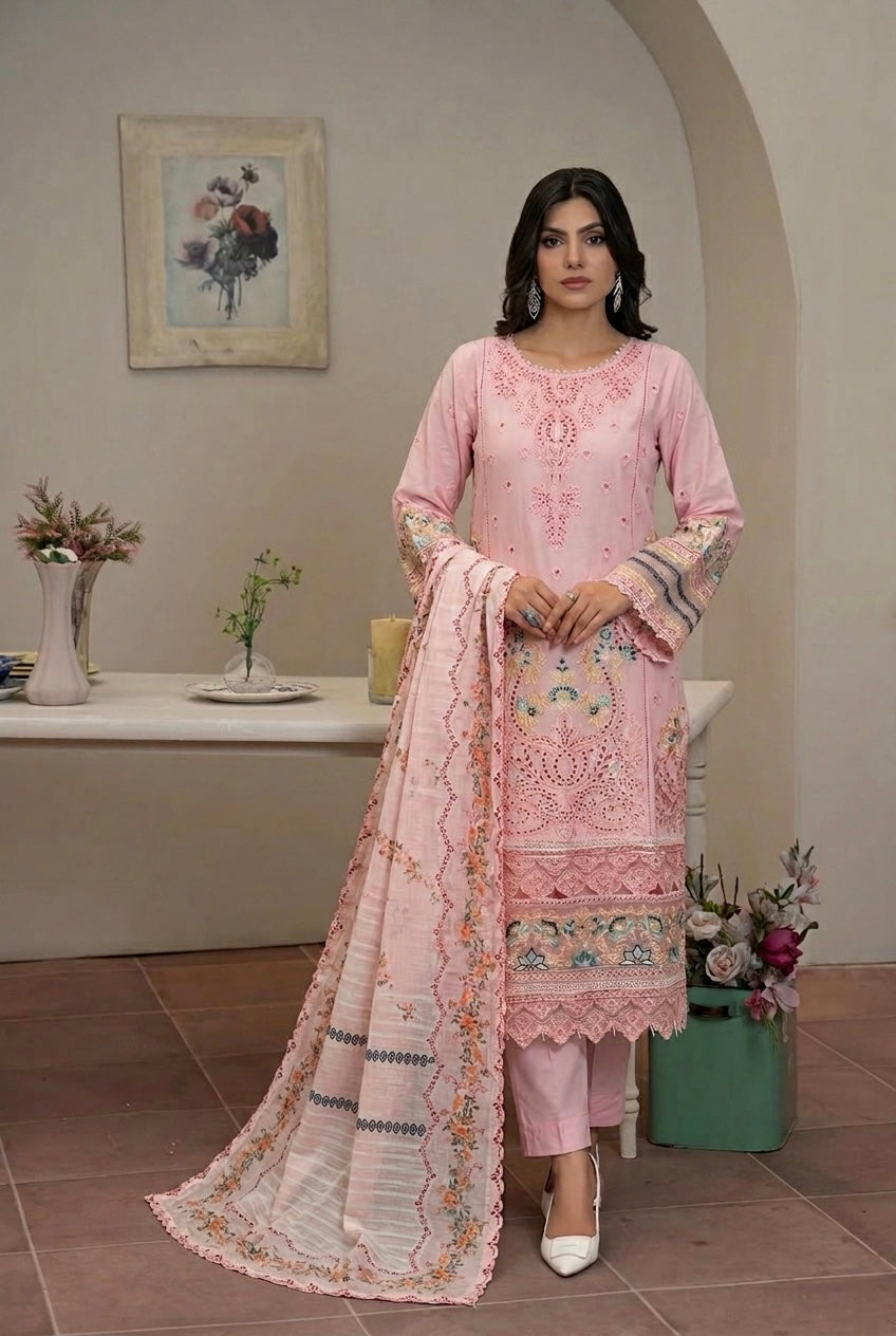 1142A - Pink Embroidered Linen 3 Piece suit