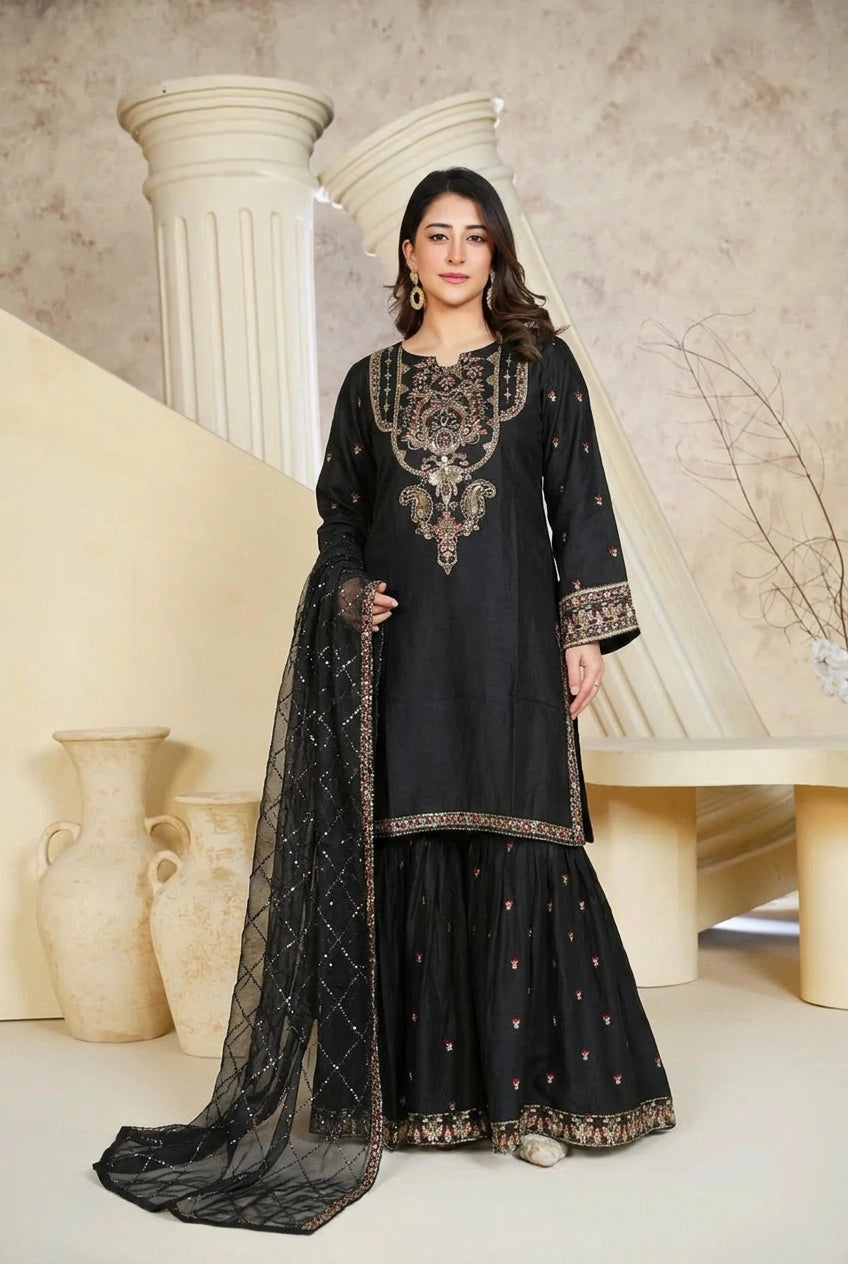 1162E - Black Embroidered Linen 3 Piece Sharara suit