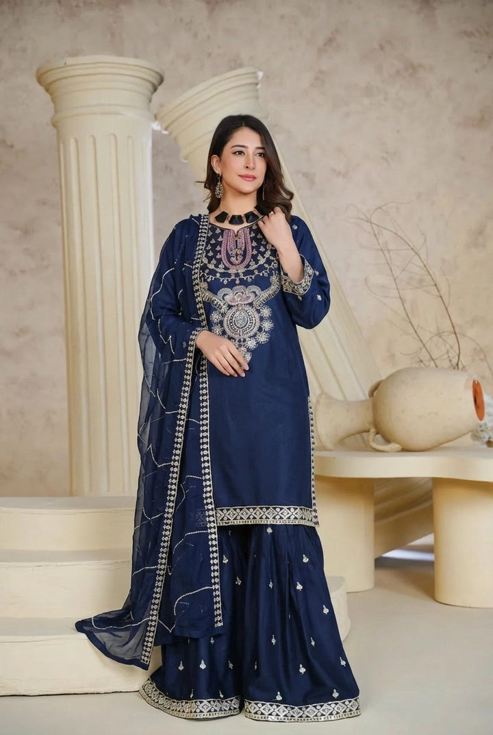 1162F - Blue Embroidered Linen 3 Piece Sharara suit