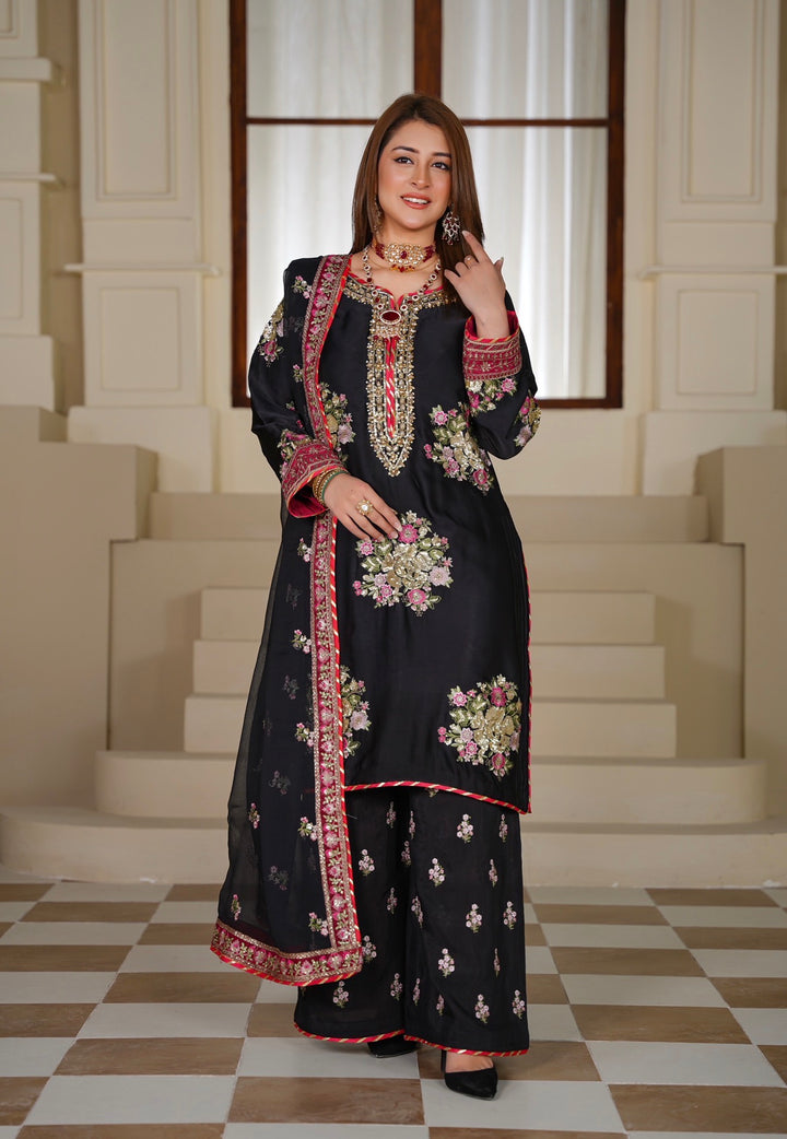 335B- Black Embroidered Silk 3 Piece Suit