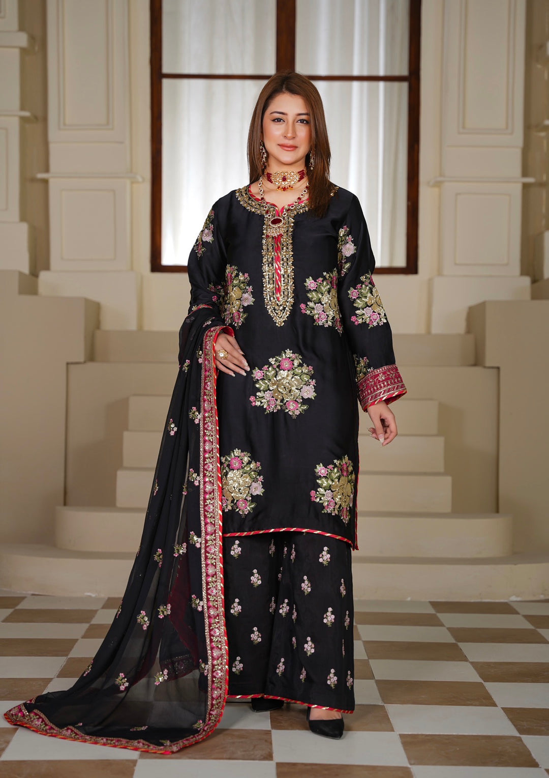 335B- Black Embroidered Silk 3 Piece Suit