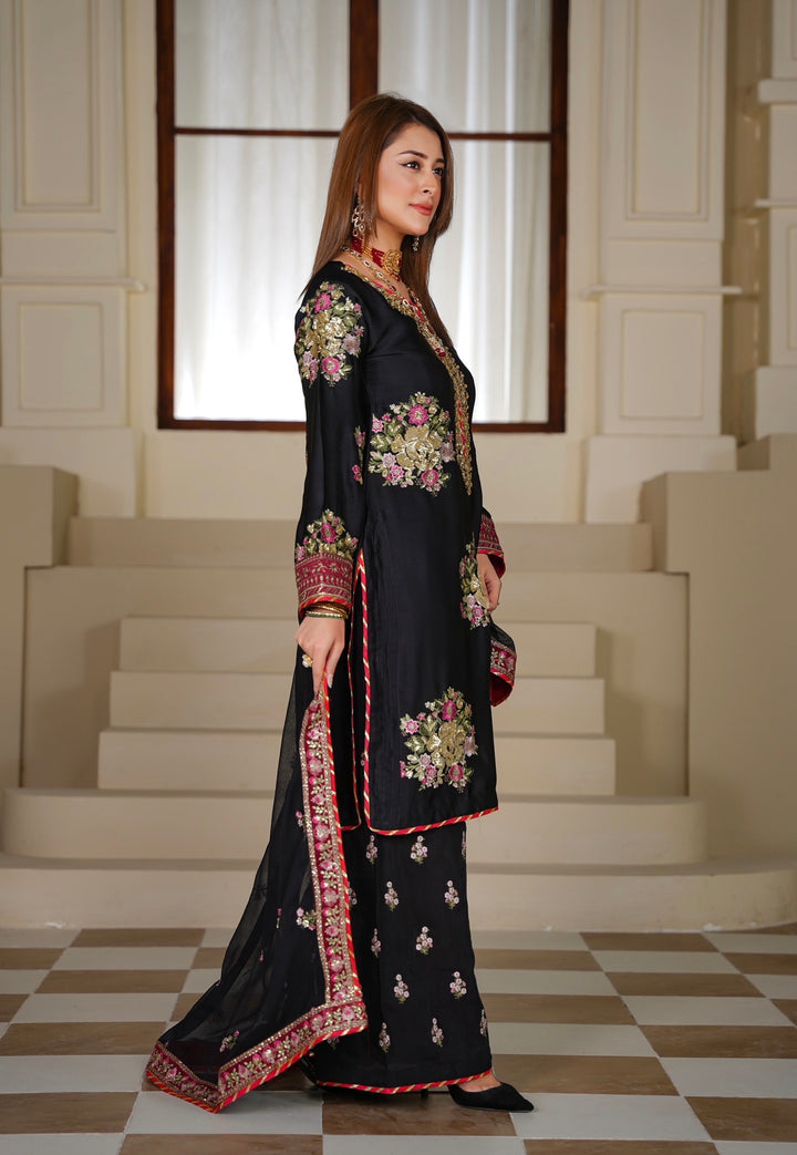 335B- Black Embroidered Silk 3 Piece Suit