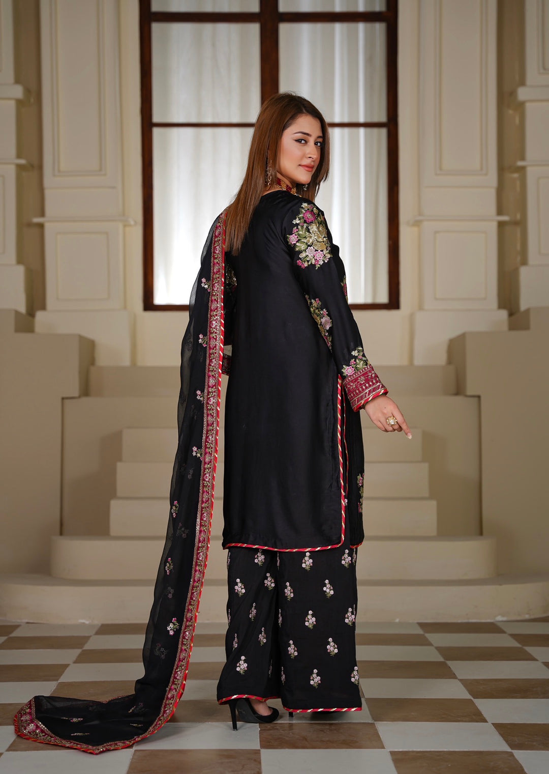 335B- Black Embroidered Silk 3 Piece Suit