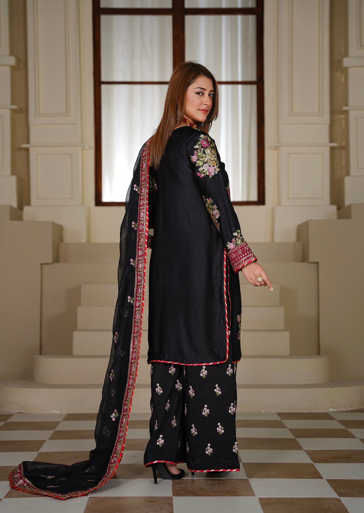 335B- Black Embroidered Silk 3 Piece Suit