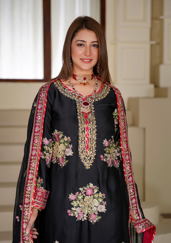 335B- Black Embroidered Silk 3 Piece Suit
