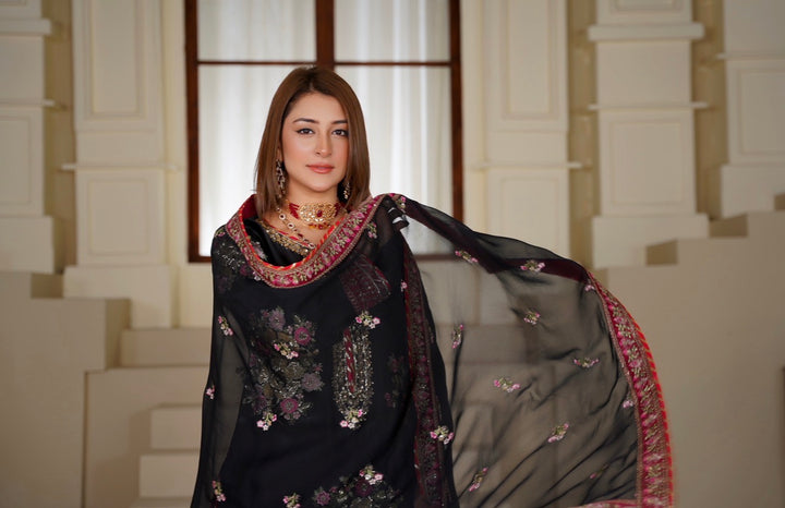 335B- Black Embroidered Silk 3 Piece Suit