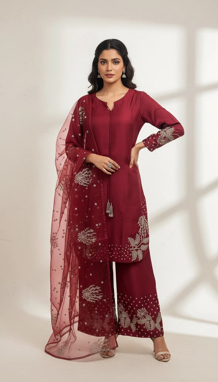 1179B - Red Embroidered Viscose 3 Piece suit