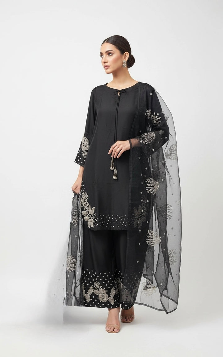 1179A - Black Embroidered Viscose 3 Piece suit