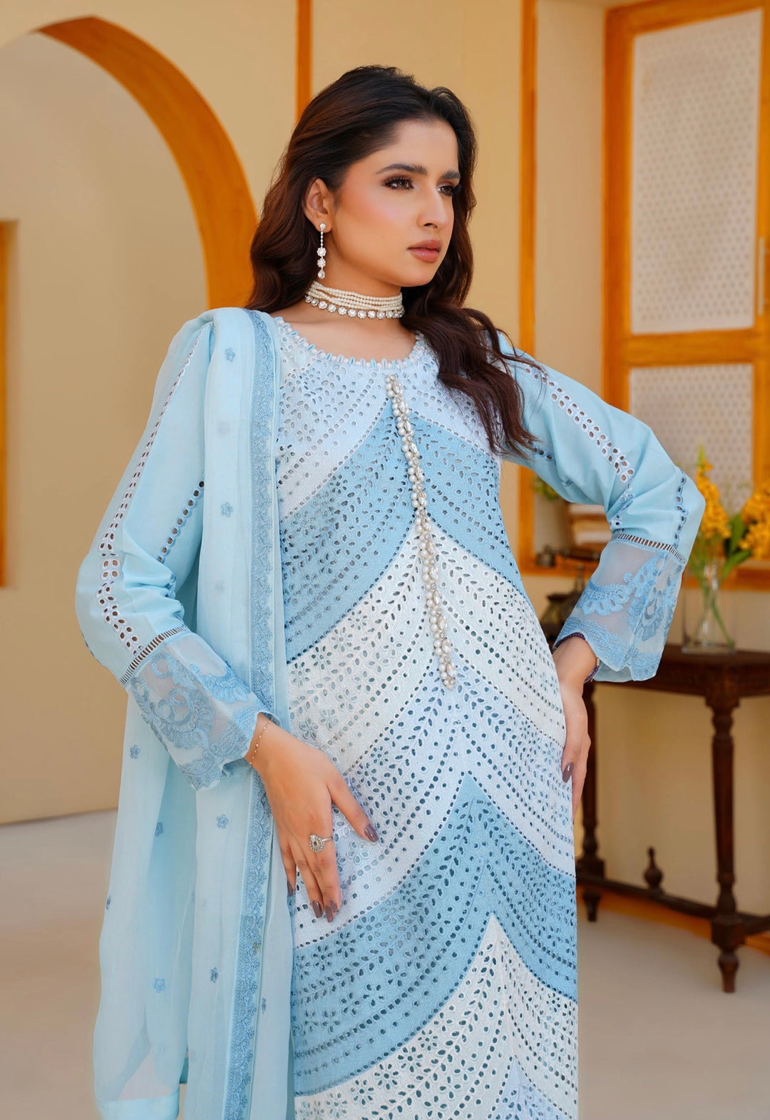 AR01 - Attire Light Blue Embroidered Chikankari Cotton 3 Piece suit