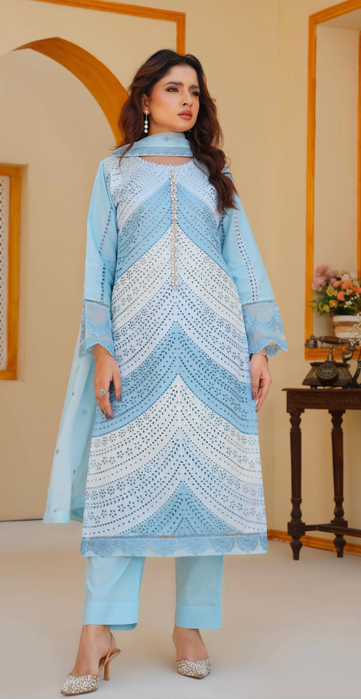 AR01 - Attire Light Blue Embroidered Chikankari Cotton 3 Piece suit