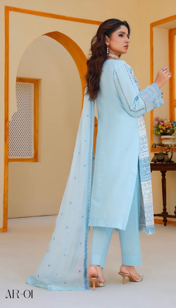 AR01 - Attire Light Blue Embroidered Chikankari Cotton 3 Piece suit