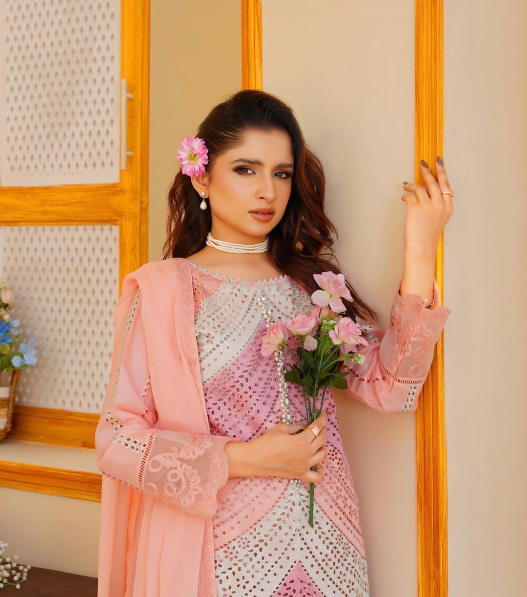 AR02 - Attire Peachy Pink Embroidered Chikankari Cotton 3 Piece suit