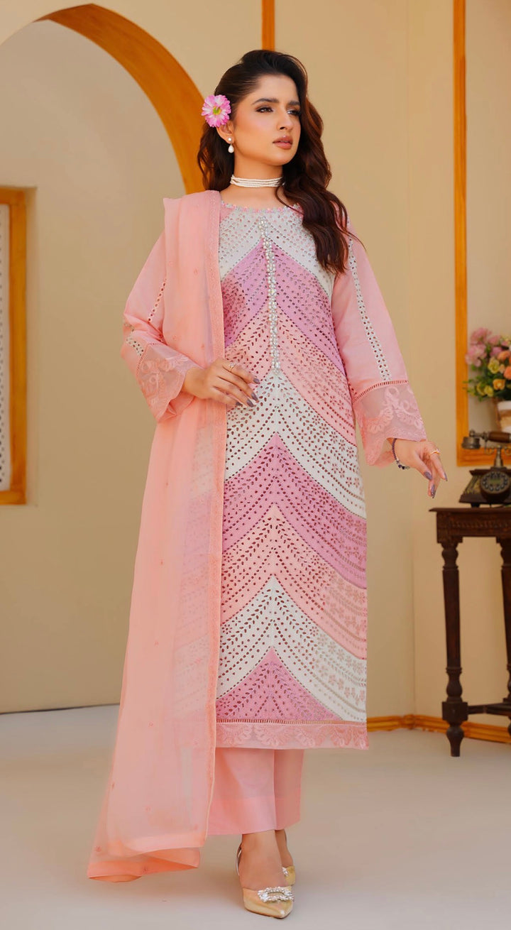 AR02 - Attire Peachy Pink Embroidered Chikankari Cotton 3 Piece suit