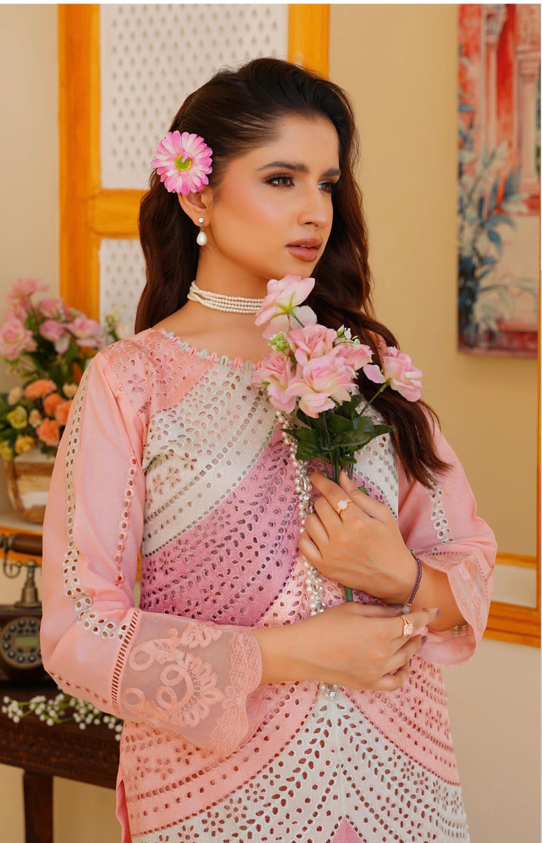 AR02 - Attire Peachy Pink Embroidered Chikankari Cotton 3 Piece suit
