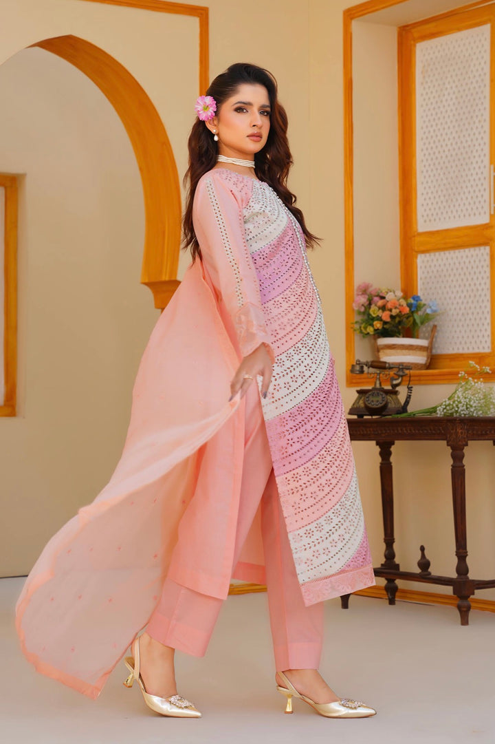 AR02 - Attire Peachy Pink Embroidered Chikankari Cotton 3 Piece suit