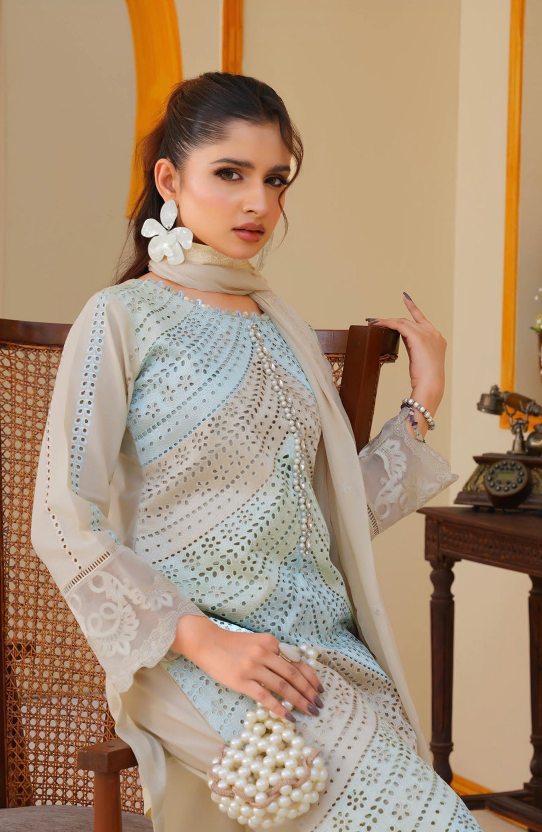 AR04 - Attire Beige Embroidered Chikankari Cotton 3 Piece suit