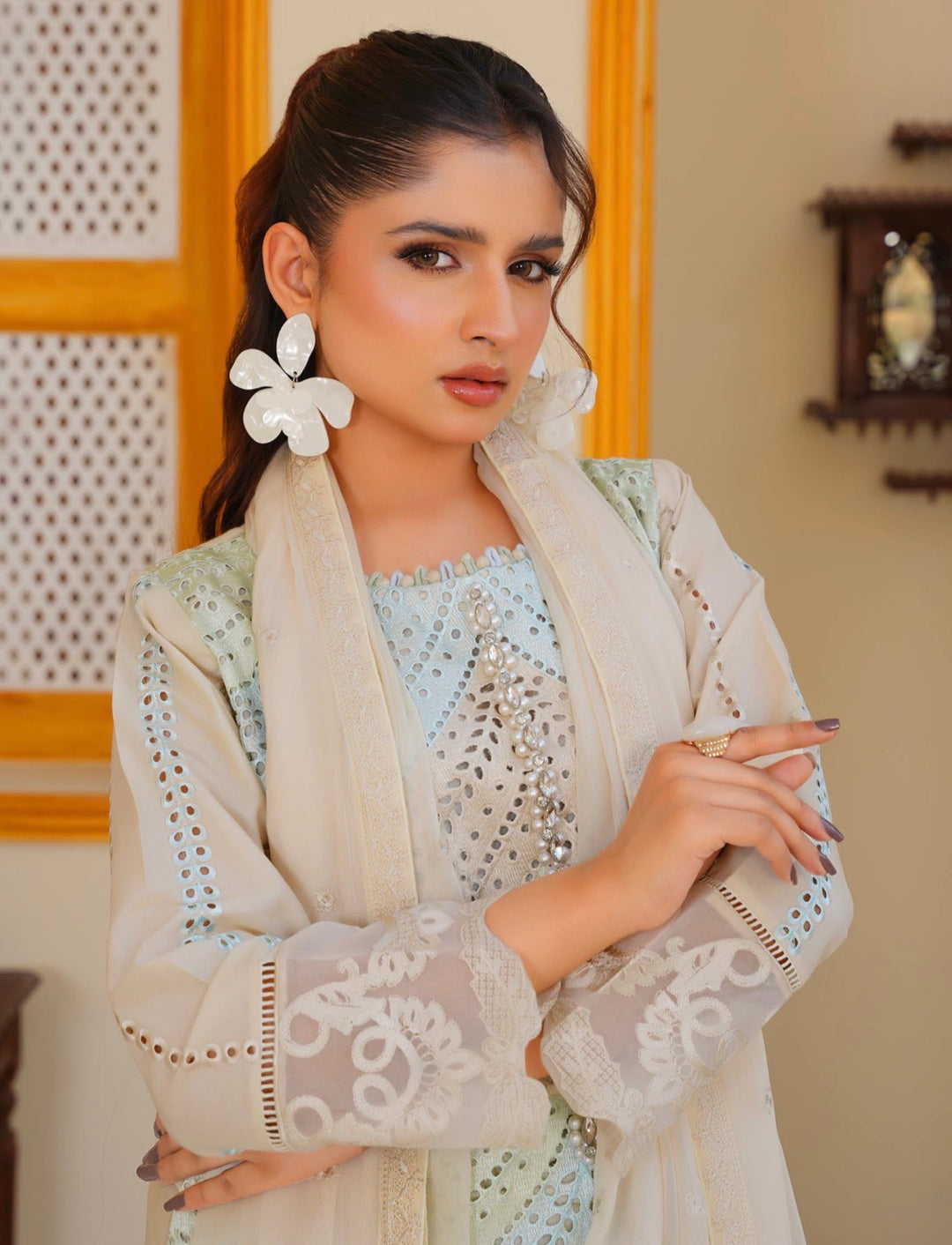 AR04 - Attire Beige Embroidered Chikankari Cotton 3 Piece suit