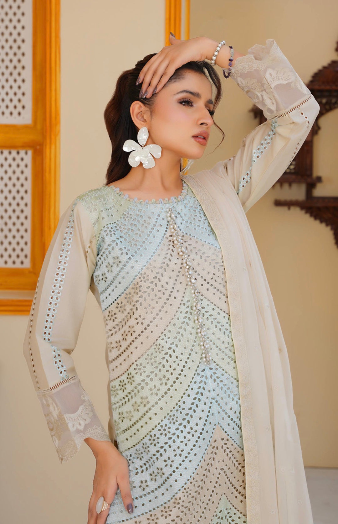 AR04 - Attire Beige Embroidered Chikankari Cotton 3 Piece suit