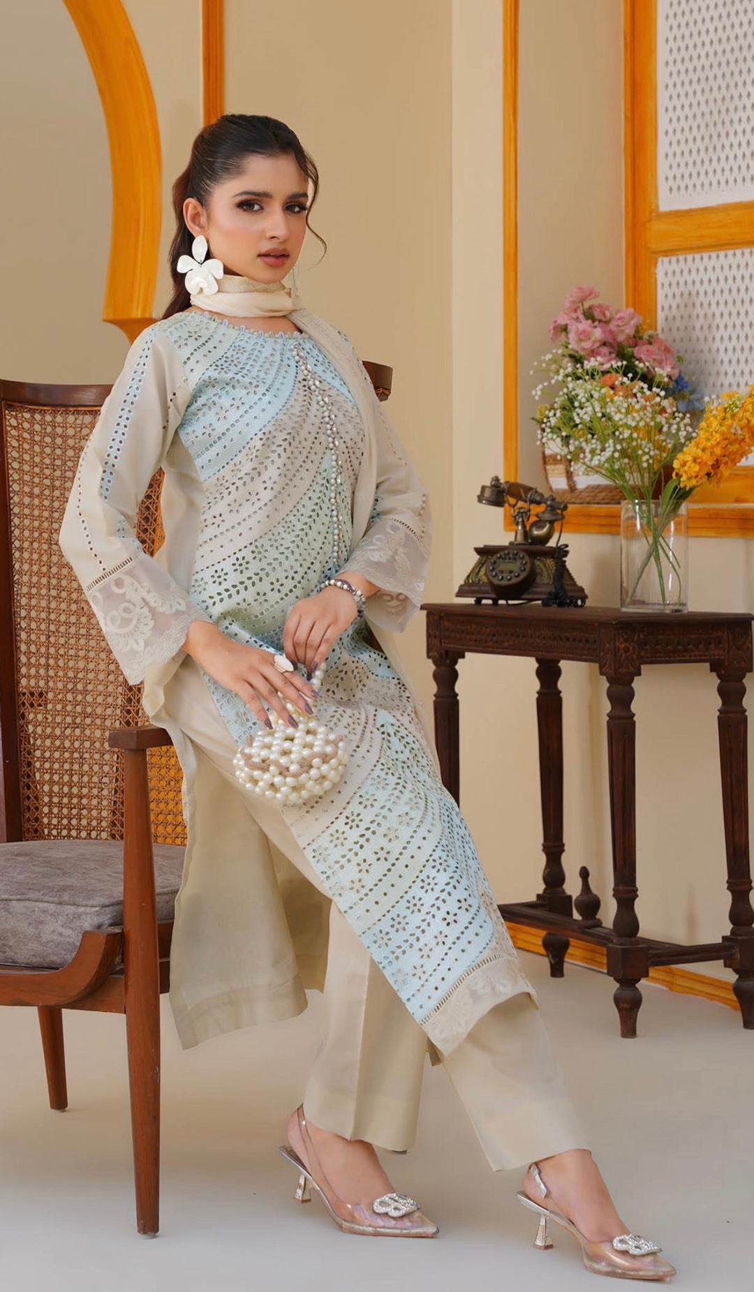 AR04 - Attire Beige Embroidered Chikankari Cotton 3 Piece suit