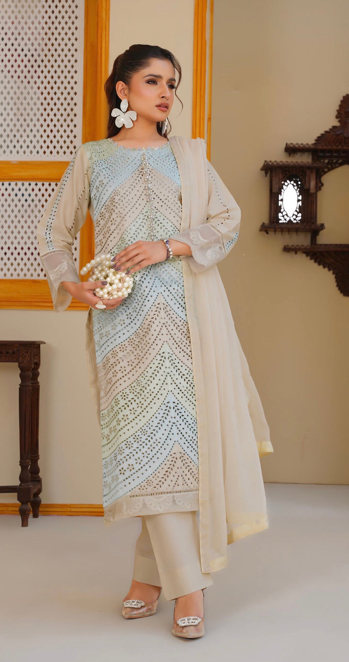 AR04 - Attire Beige Embroidered Chikankari Cotton 3 Piece suit