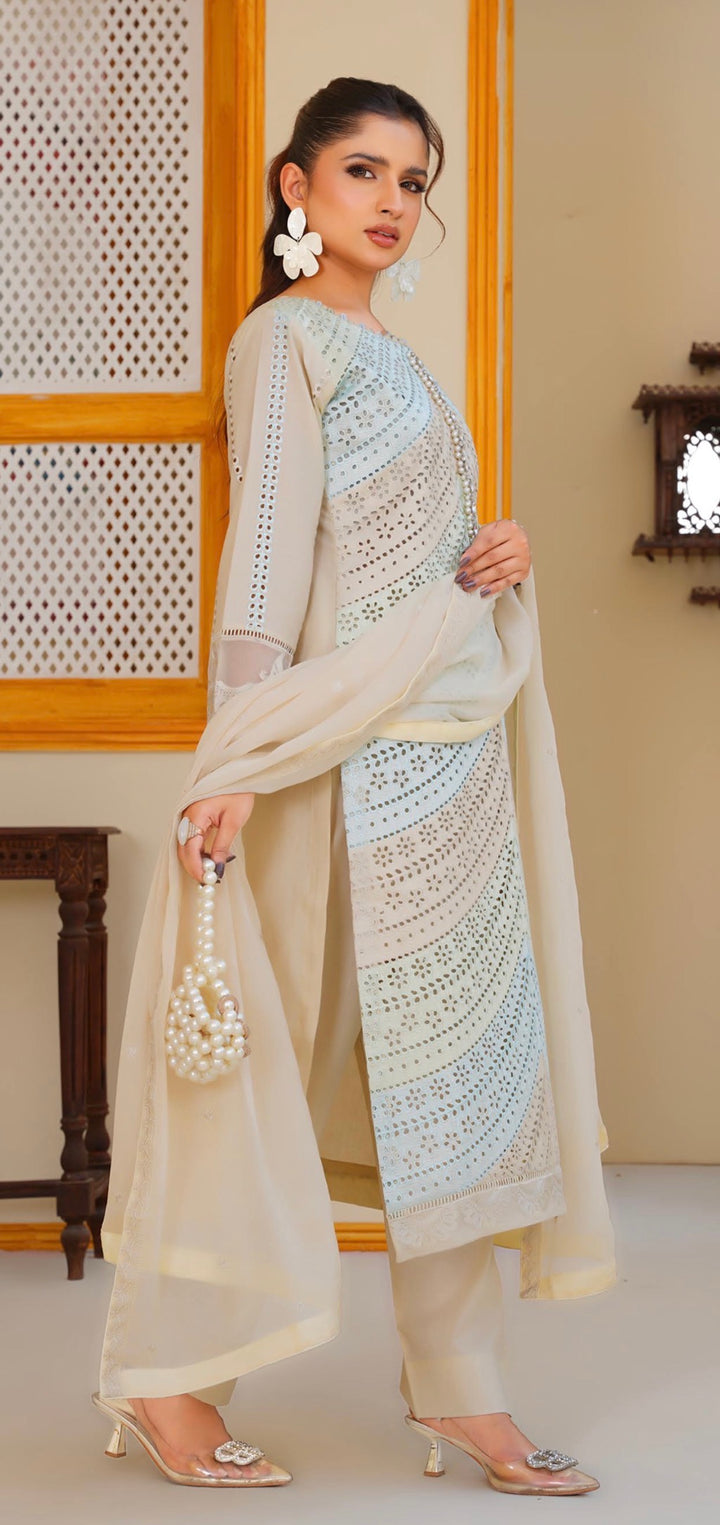 AR04 - Attire Beige Embroidered Chikankari Cotton 3 Piece suit